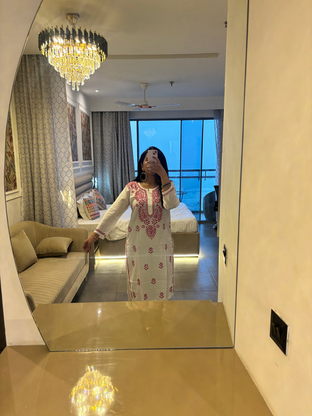 White Pink Lucknowi Kurti