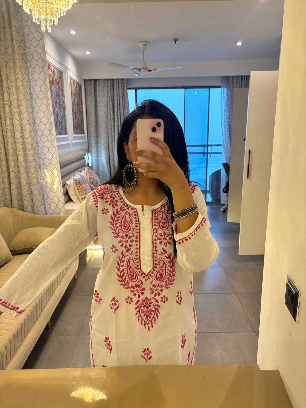 White Pink Lucknowi Kurti