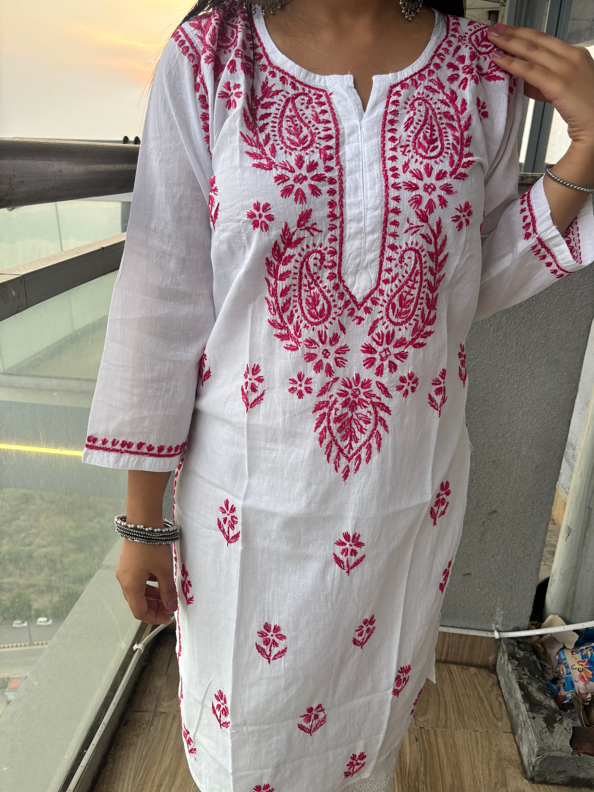 White Pink Lucknowi Kurti