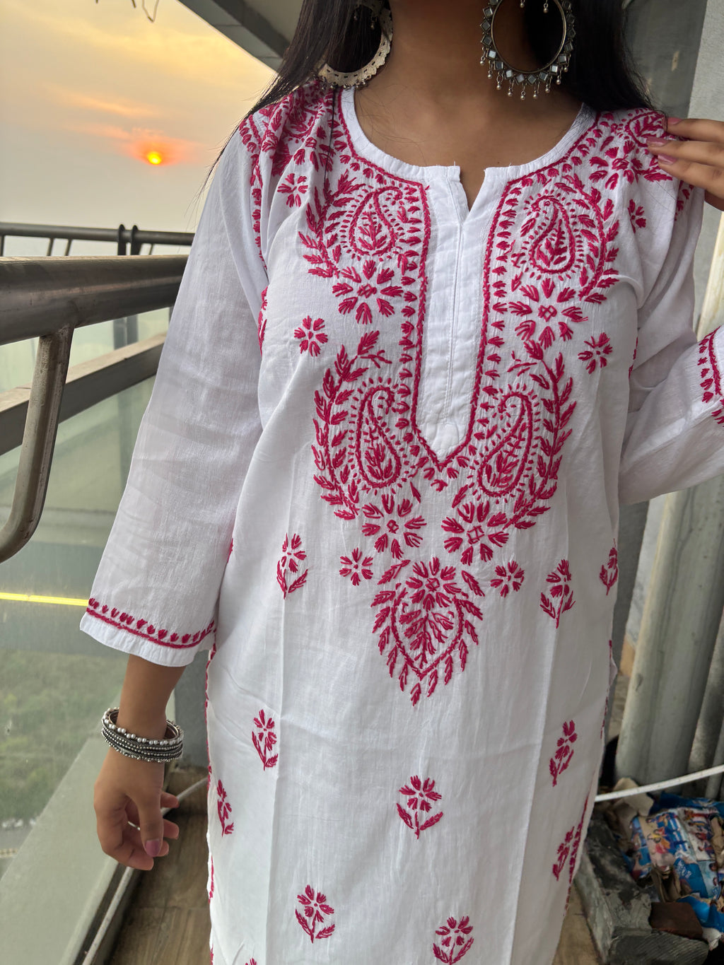 White Pink Lucknowi Kurti
