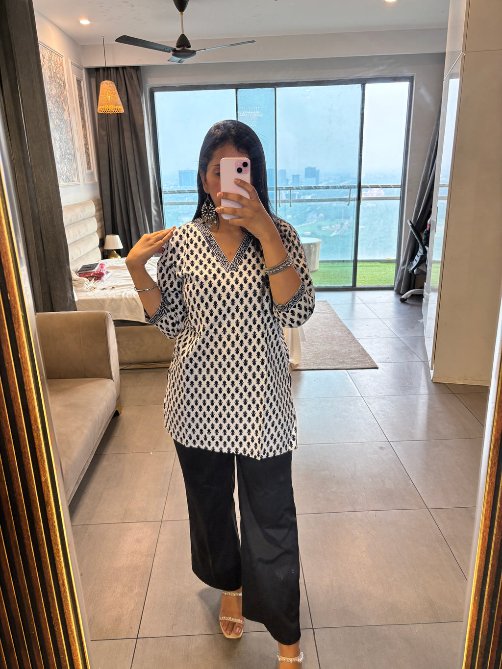 White Black Floral Printed Cotton Kurti