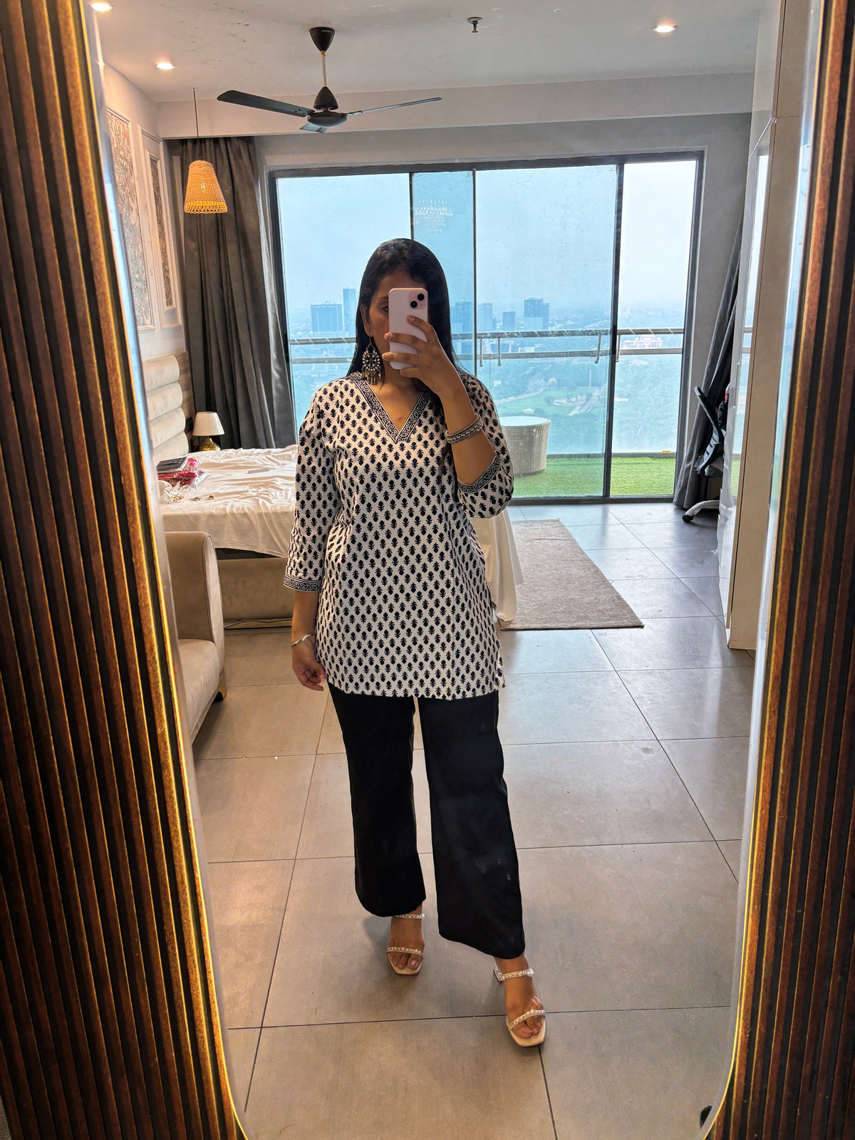 White Black Floral Printed Cotton Kurti