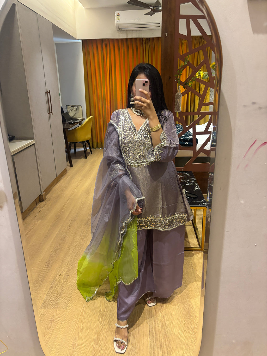 Tissue Purple Green Embroidered Suit Set