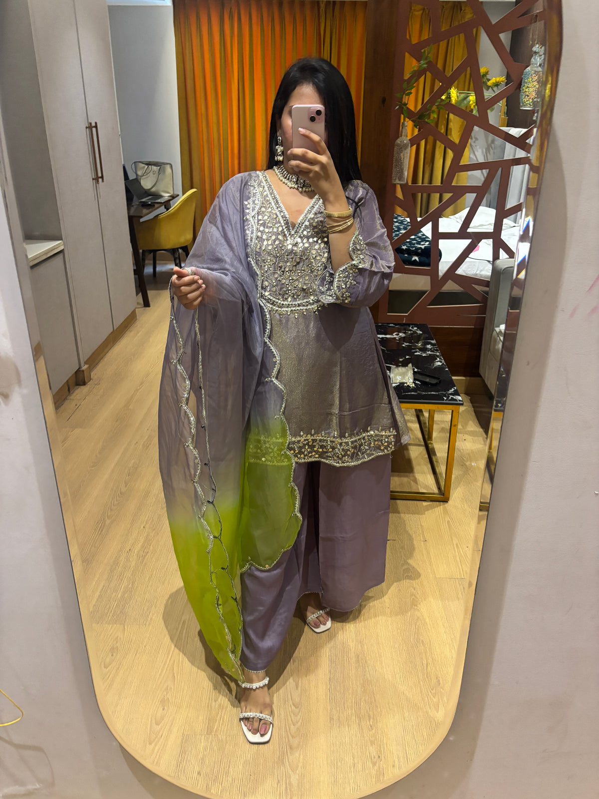 Tissue Purple Green Embroidered Suit Set