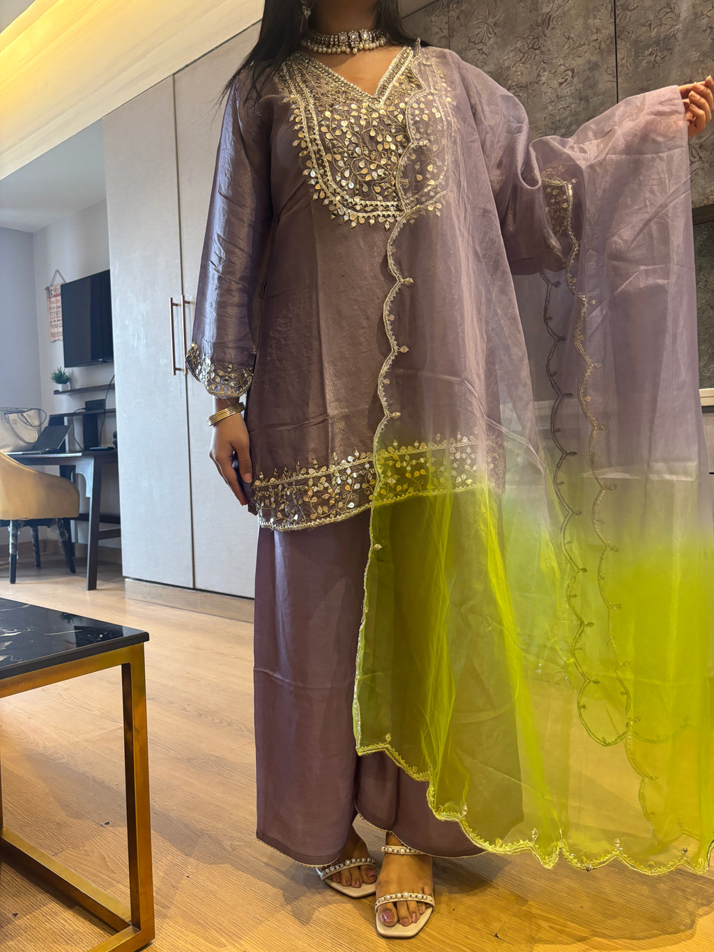 Tissue Purple Green Embroidered Suit Set
