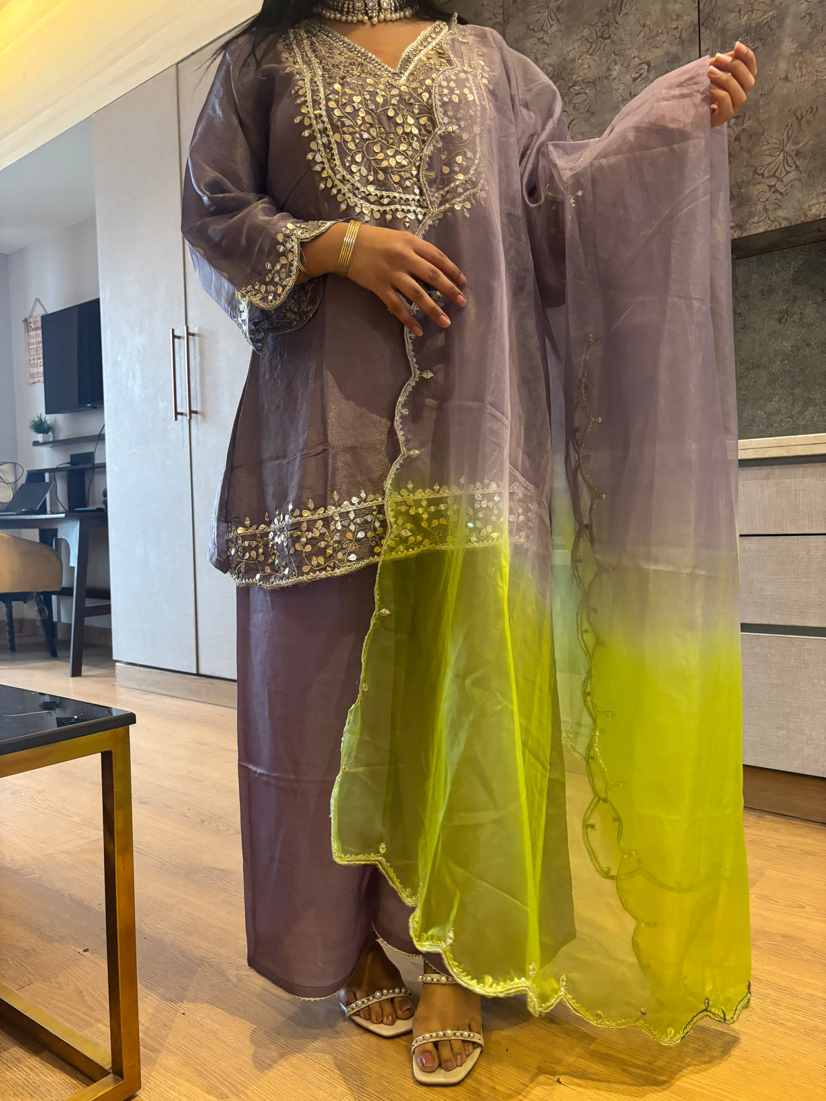 Tissue Purple Green Embroidered Suit Set