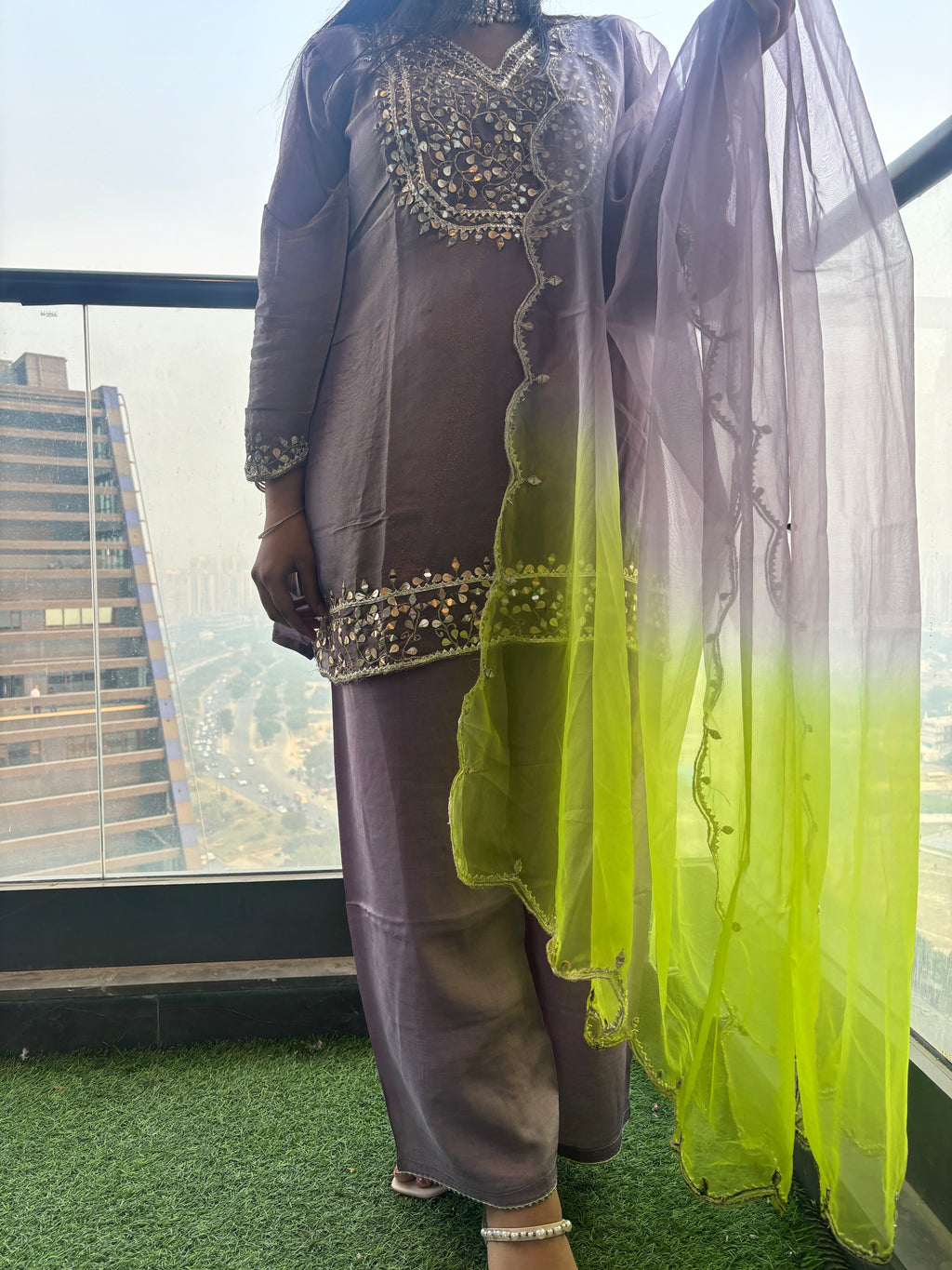 Tissue Purple Green Embroidered Suit Set
