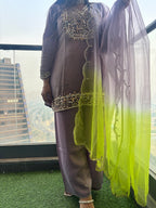 Tissue Purple Green Embroidered Suit Set