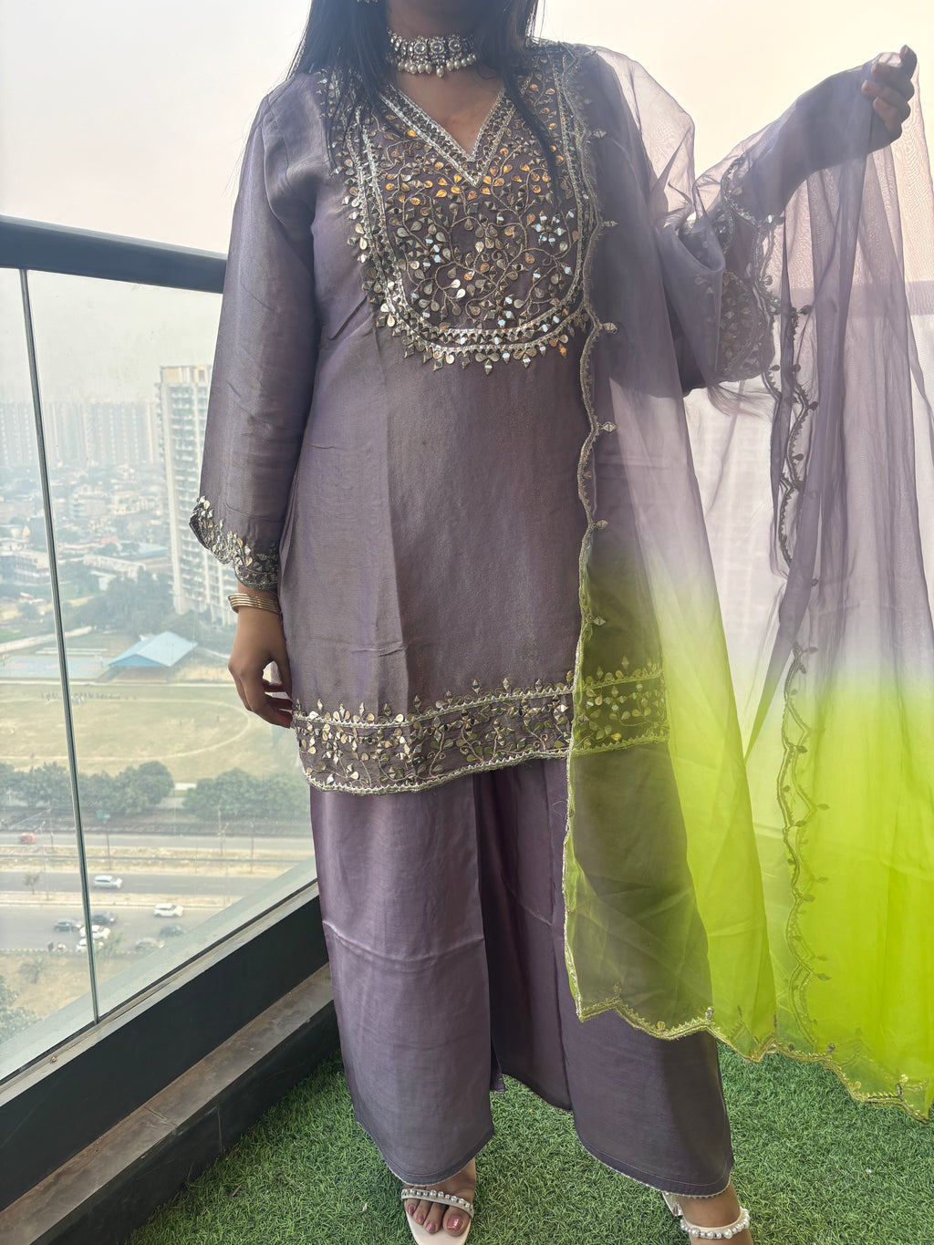 Tissue Purple Green Embroidered Suit Set