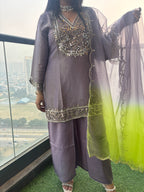 Tissue Purple Green Embroidered Suit Set