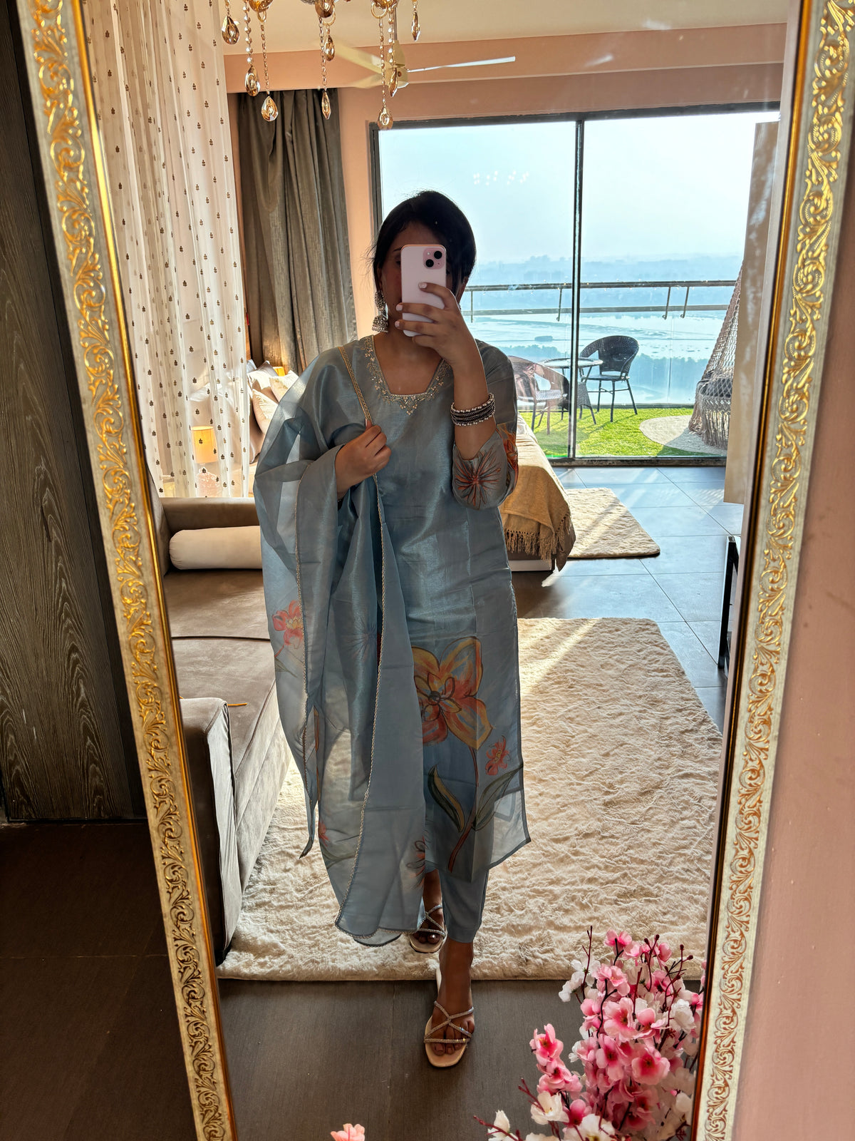Sky Blue Organza Embroidered Suit Set