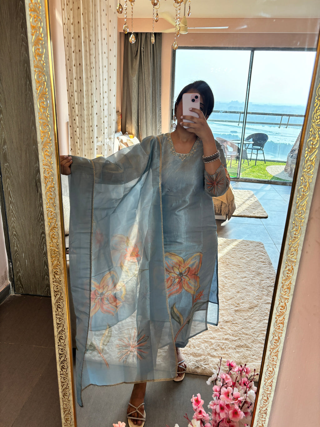 Sky Blue Organza Embroidered Suit Set