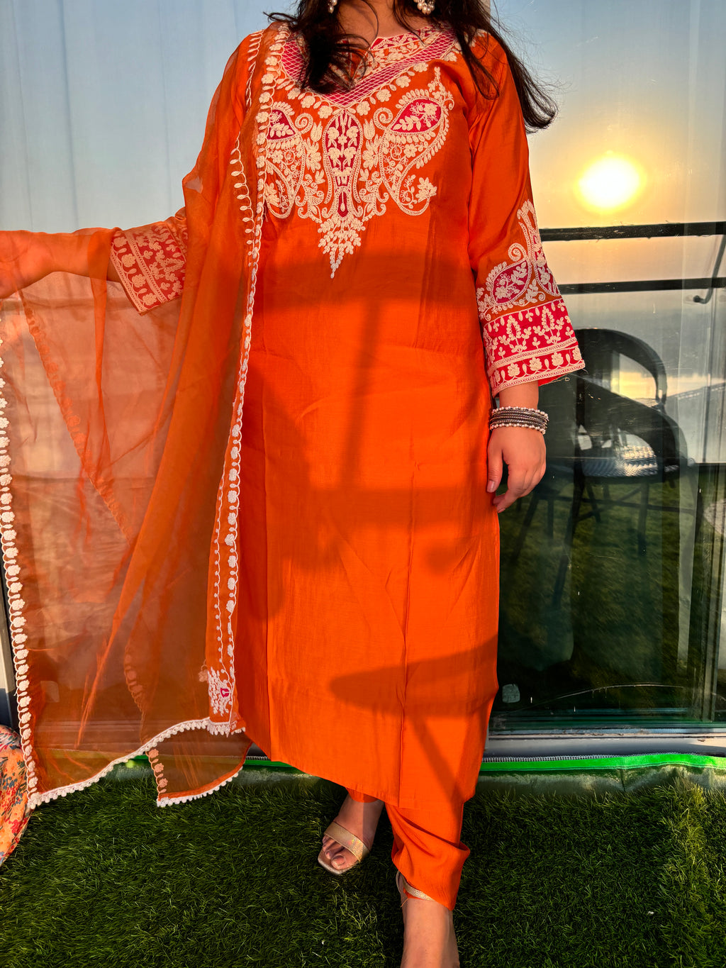 Noor Orange Embroidered Suit Set