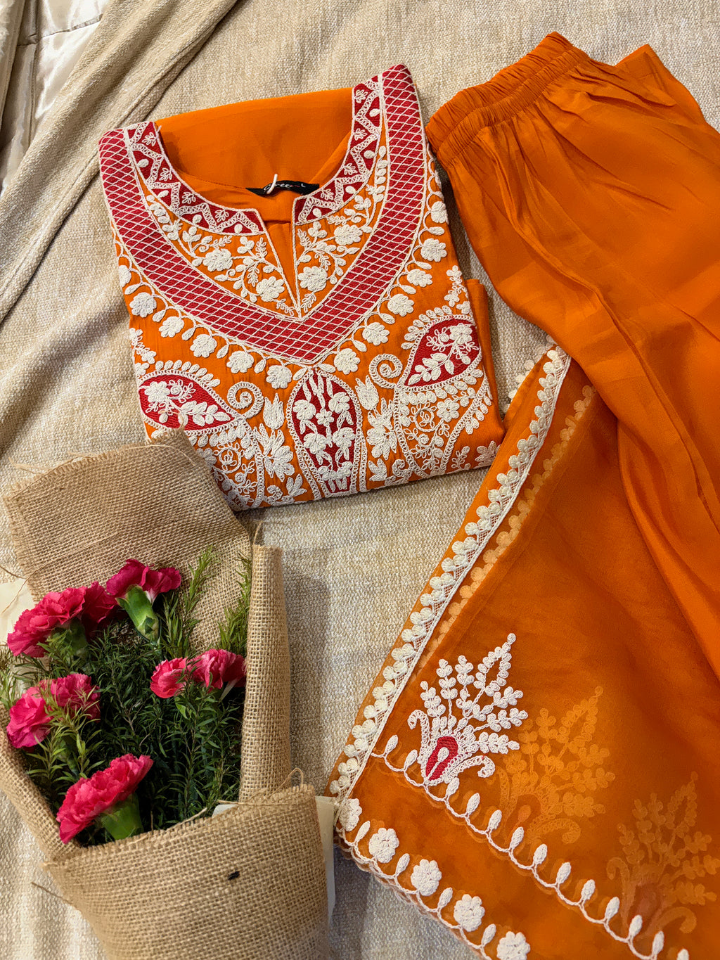 Noor Orange Embroidered Suit Set