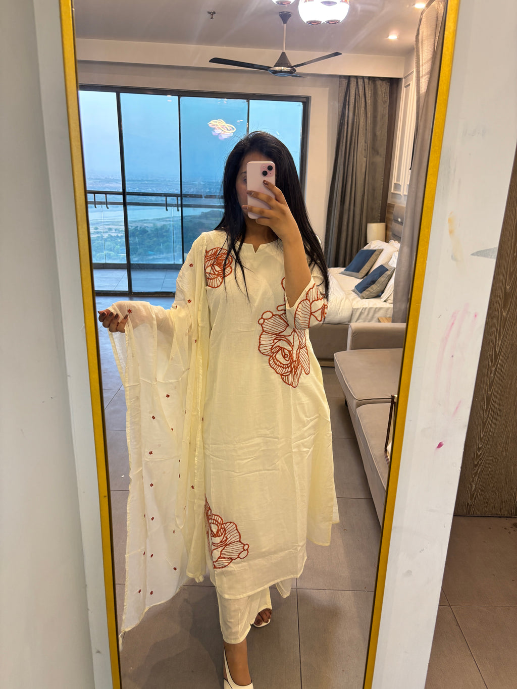 White Cotton Suit with Orange Embroidery & Plazo