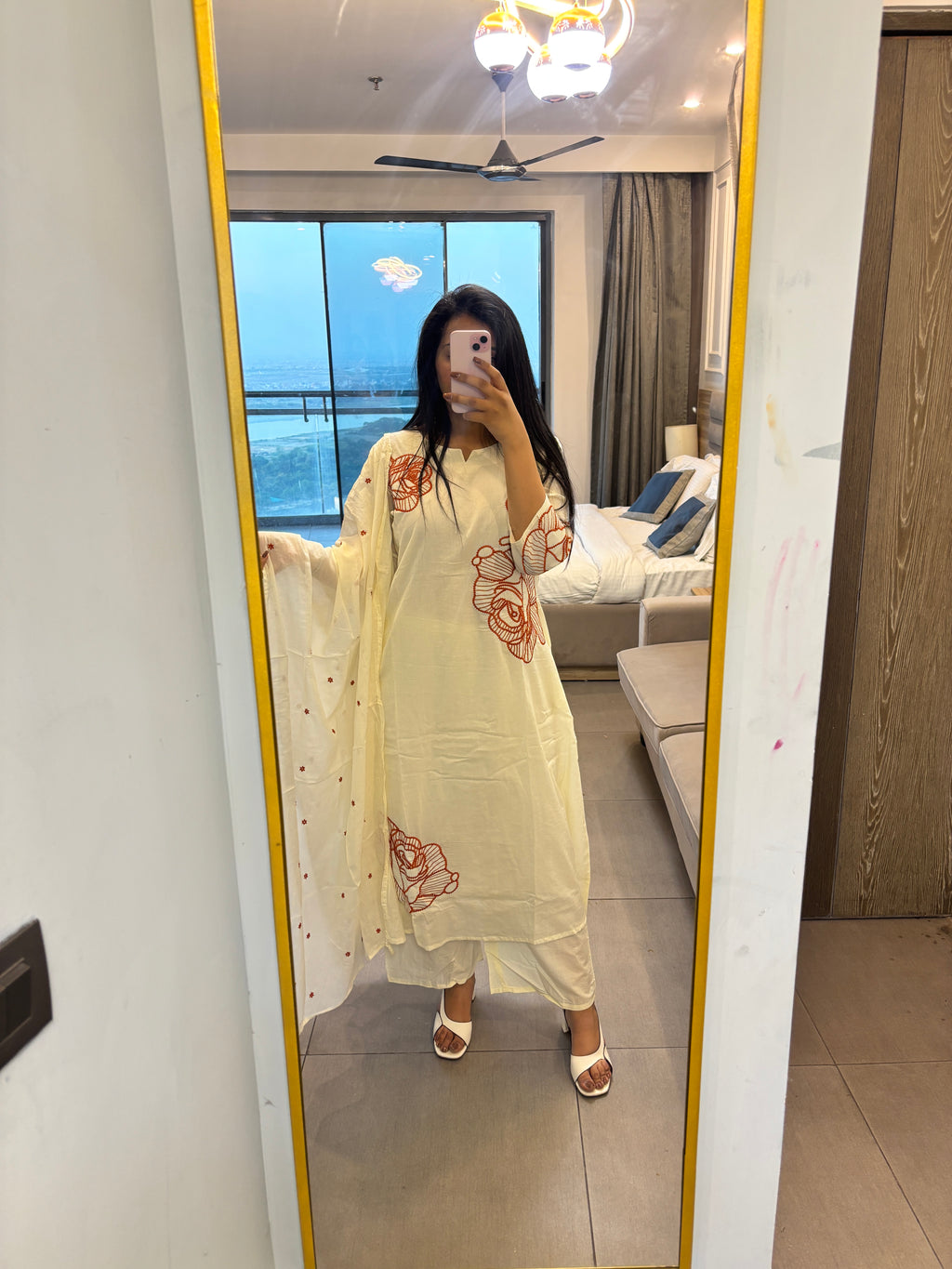 White Cotton Suit with Orange Embroidery & Plazo
