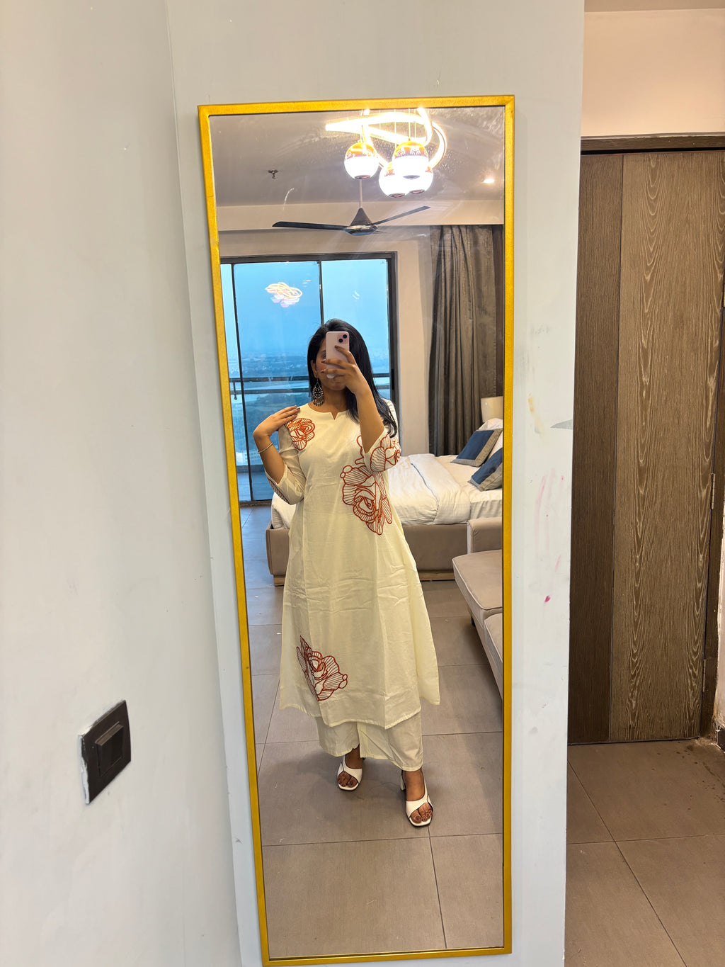 White Cotton Suit with Orange Embroidery & Plazo