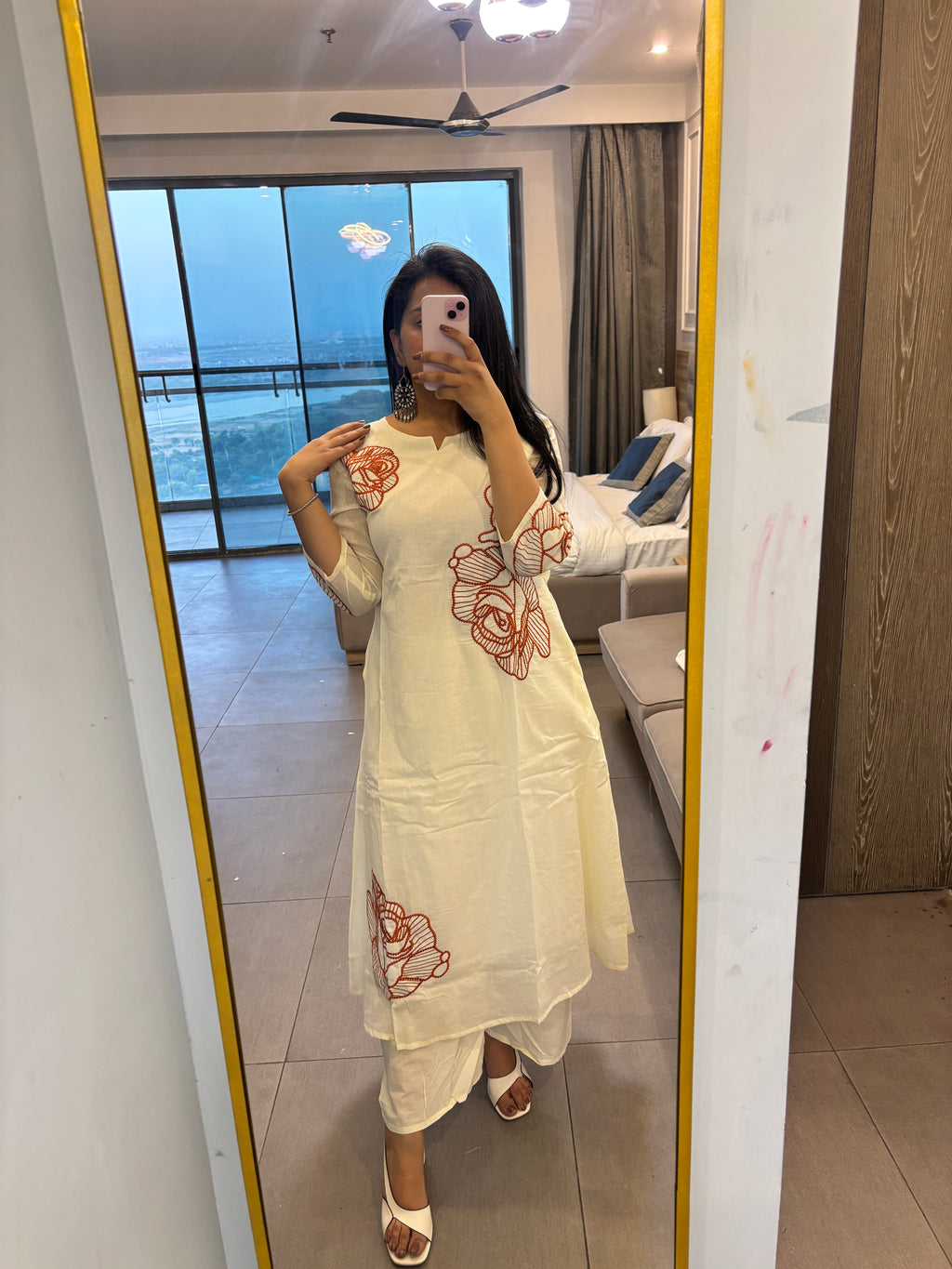 White Cotton Suit with Orange Embroidery & Plazo