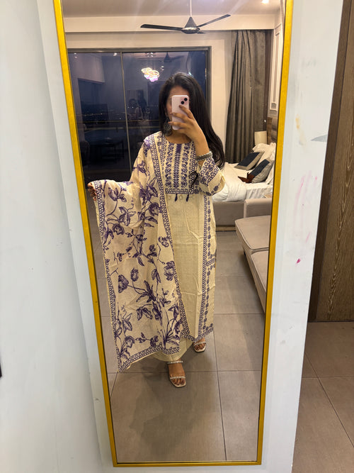 Beige Khadi Suit with Purple Embroidery