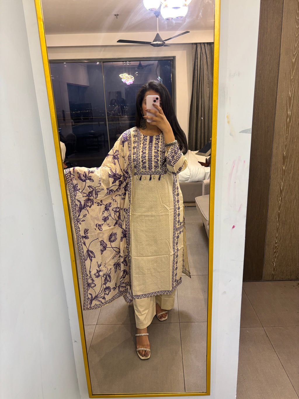 Beige Khadi Suit with Purple Embroidery
