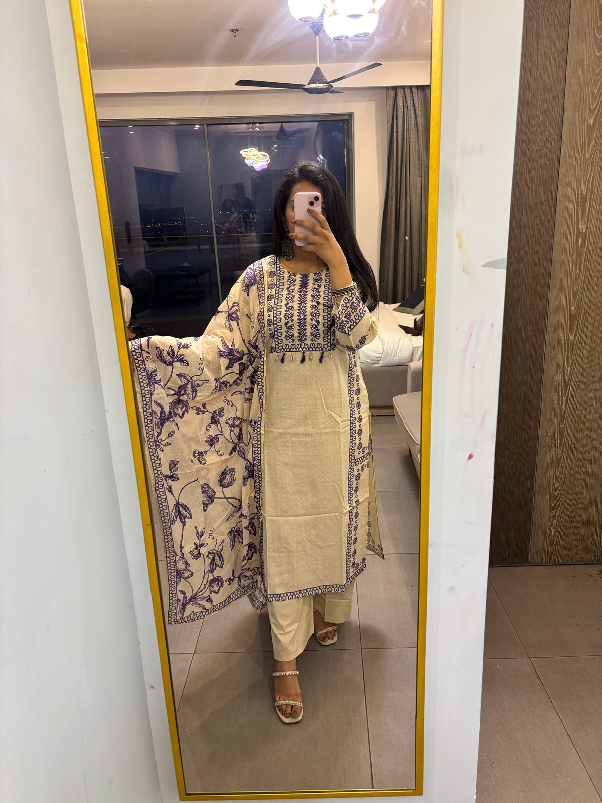 Beige Khadi Suit with Purple Embroidery