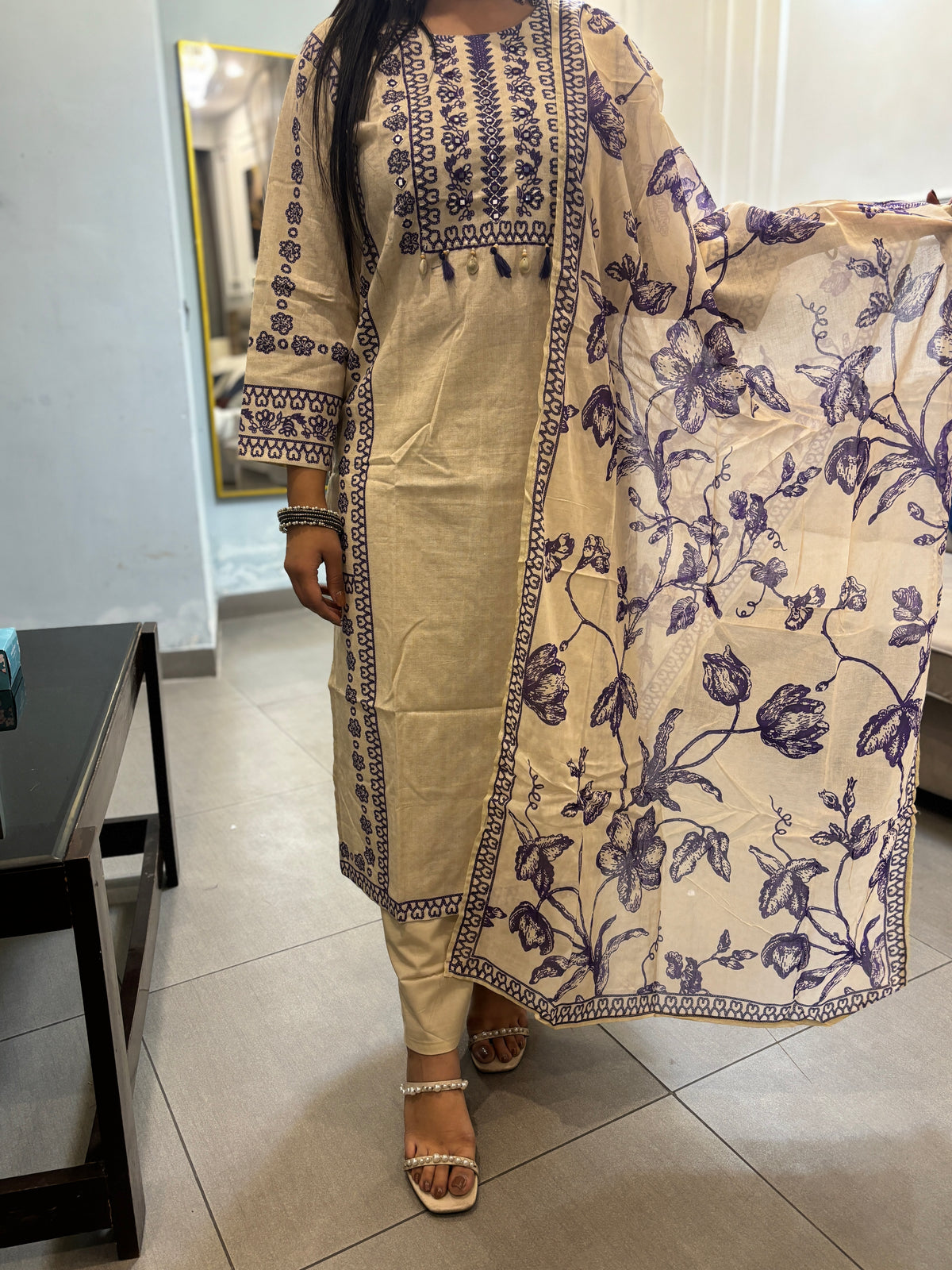 Beige Khadi Suit with Purple Embroidery