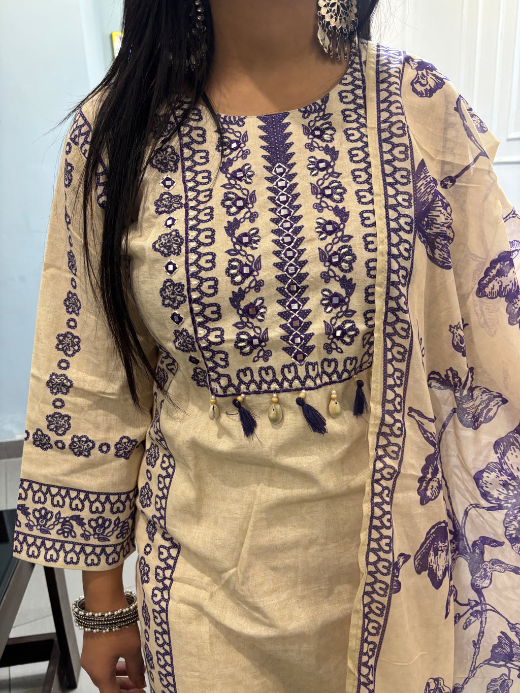 Beige Khadi Suit with Purple Embroidery
