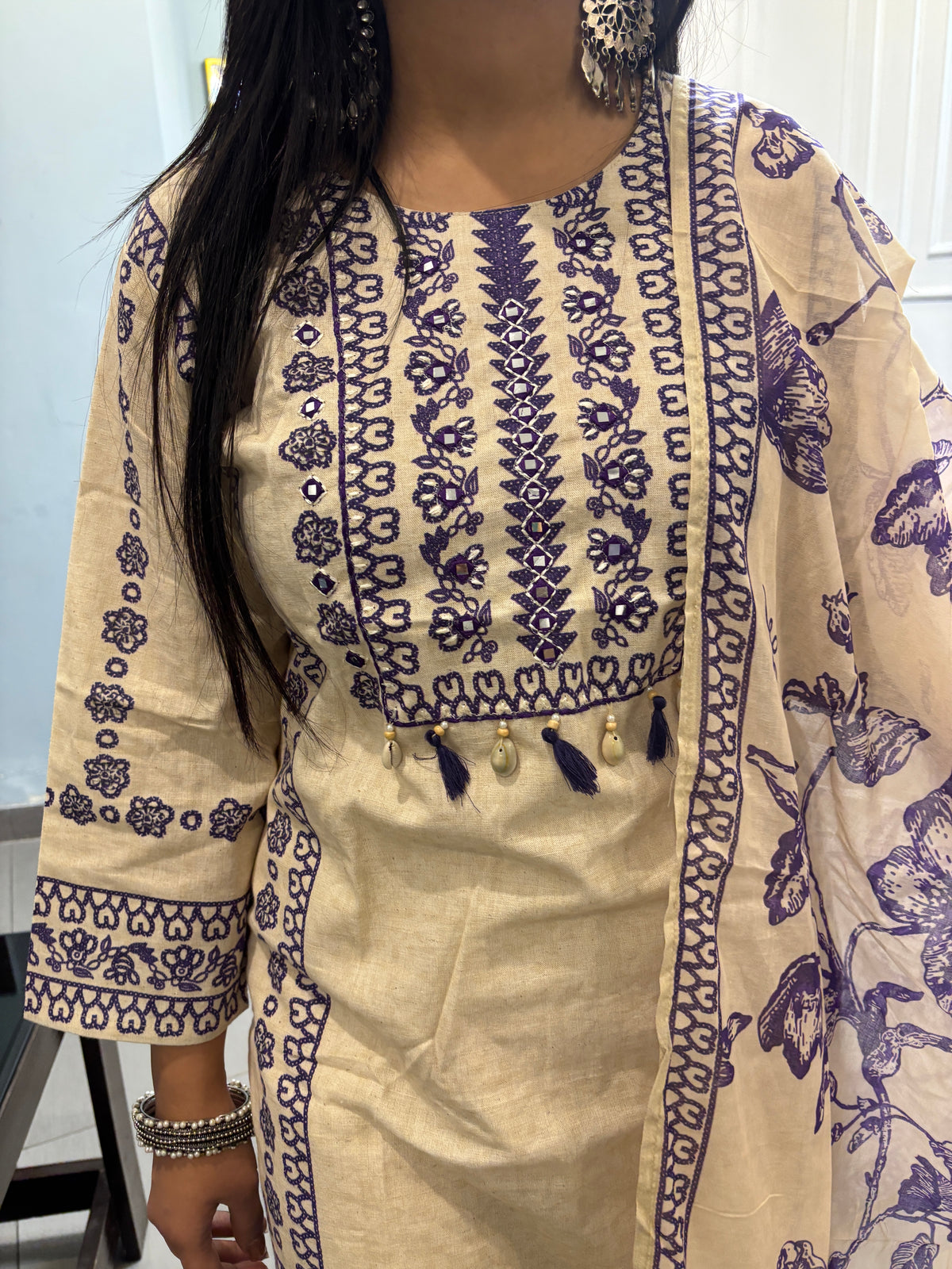 Beige Khadi Suit with Purple Embroidery