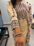Beige Khadi Suit with Purple Embroidery