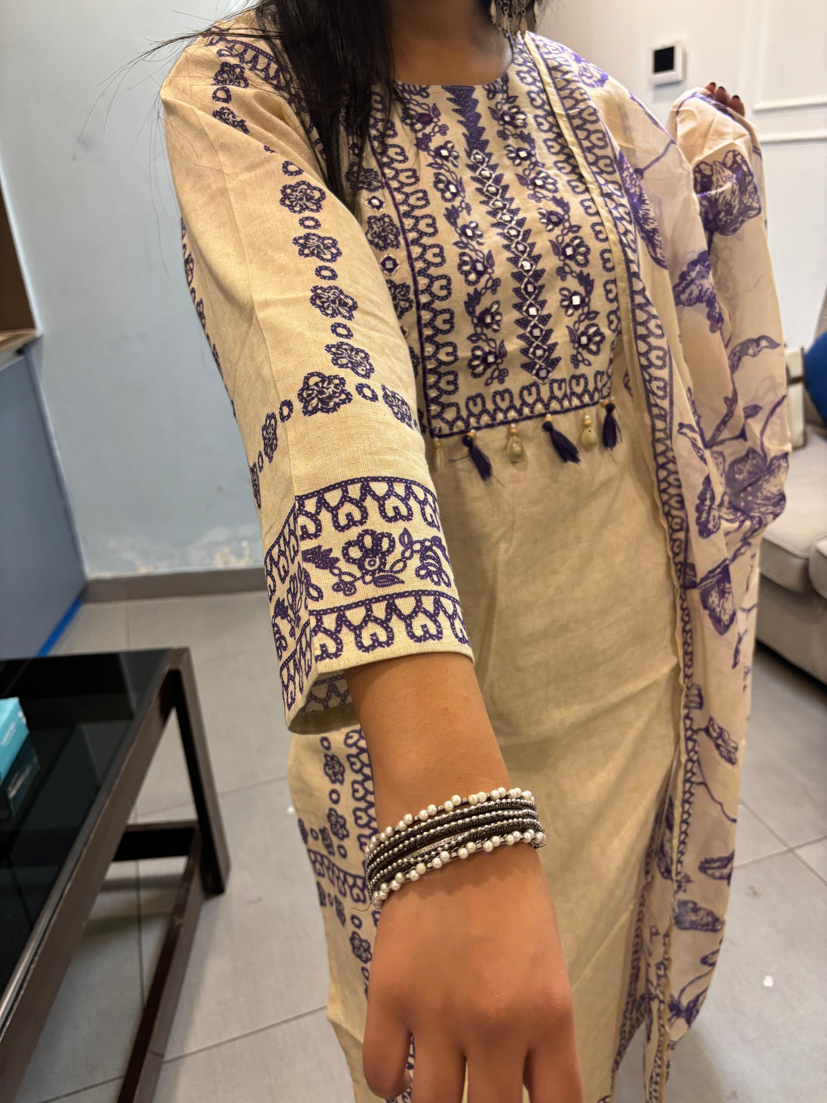 Beige Khadi Suit with Purple Embroidery