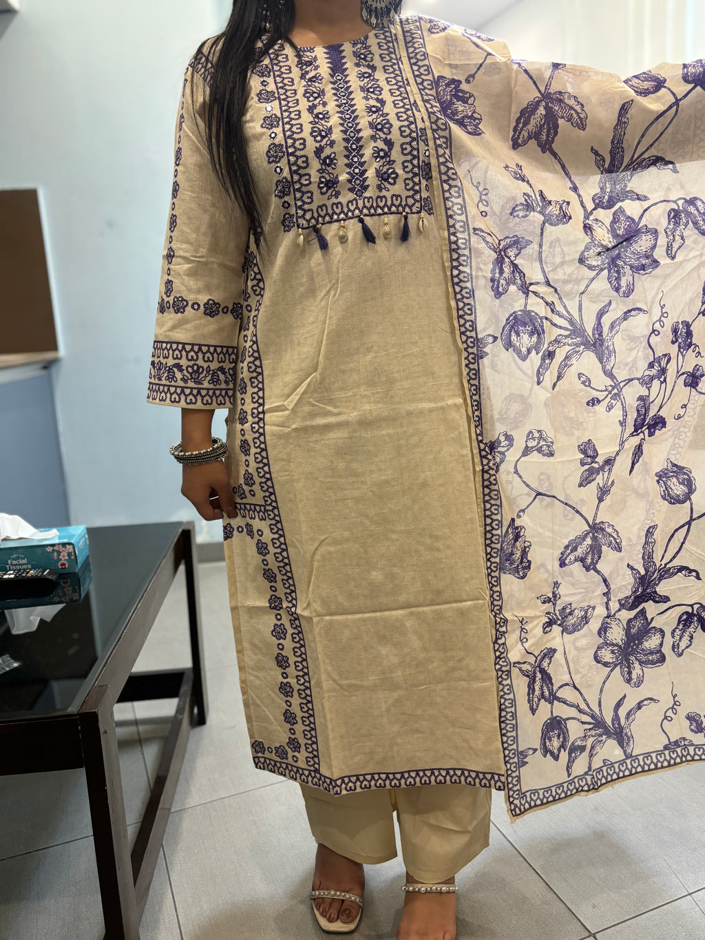 Beige Khadi Suit with Purple Embroidery