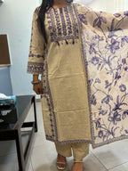 Beige Khadi Suit with Purple Embroidery