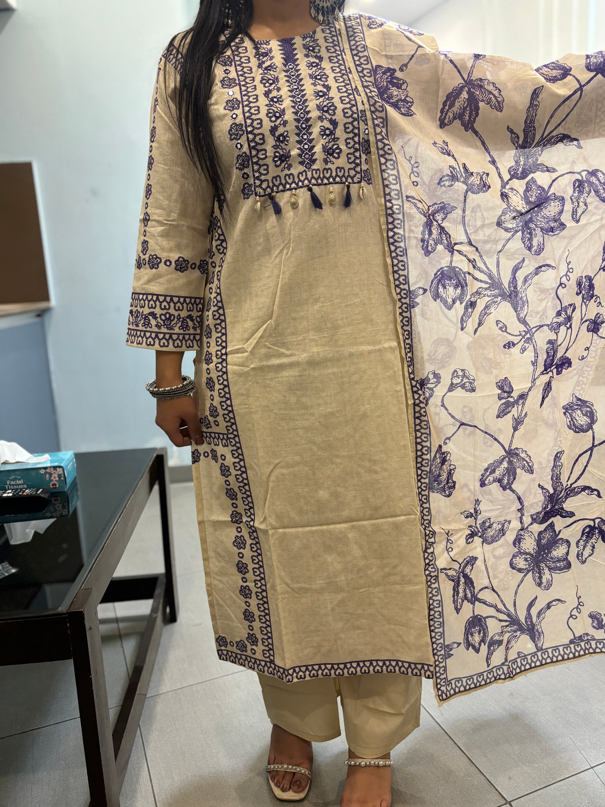 Beige Khadi Suit with Purple Embroidery