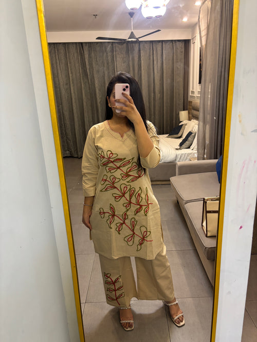 Beige Floral Embroidered Cotton Co-Ord Set