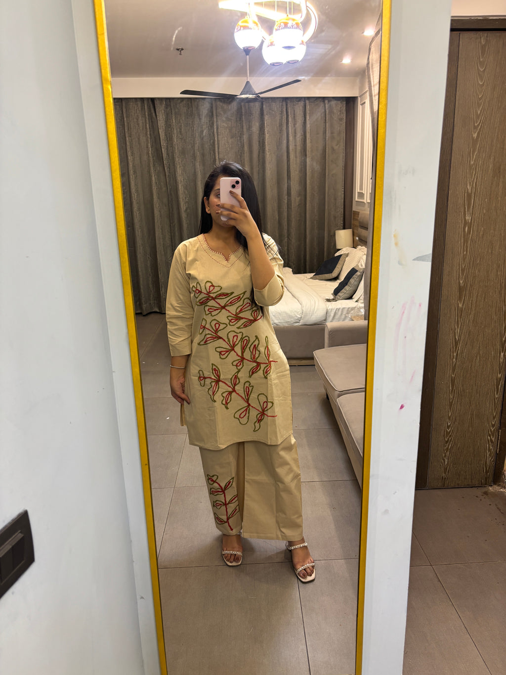 Beige Floral Embroidered Cotton Co-Ord Set