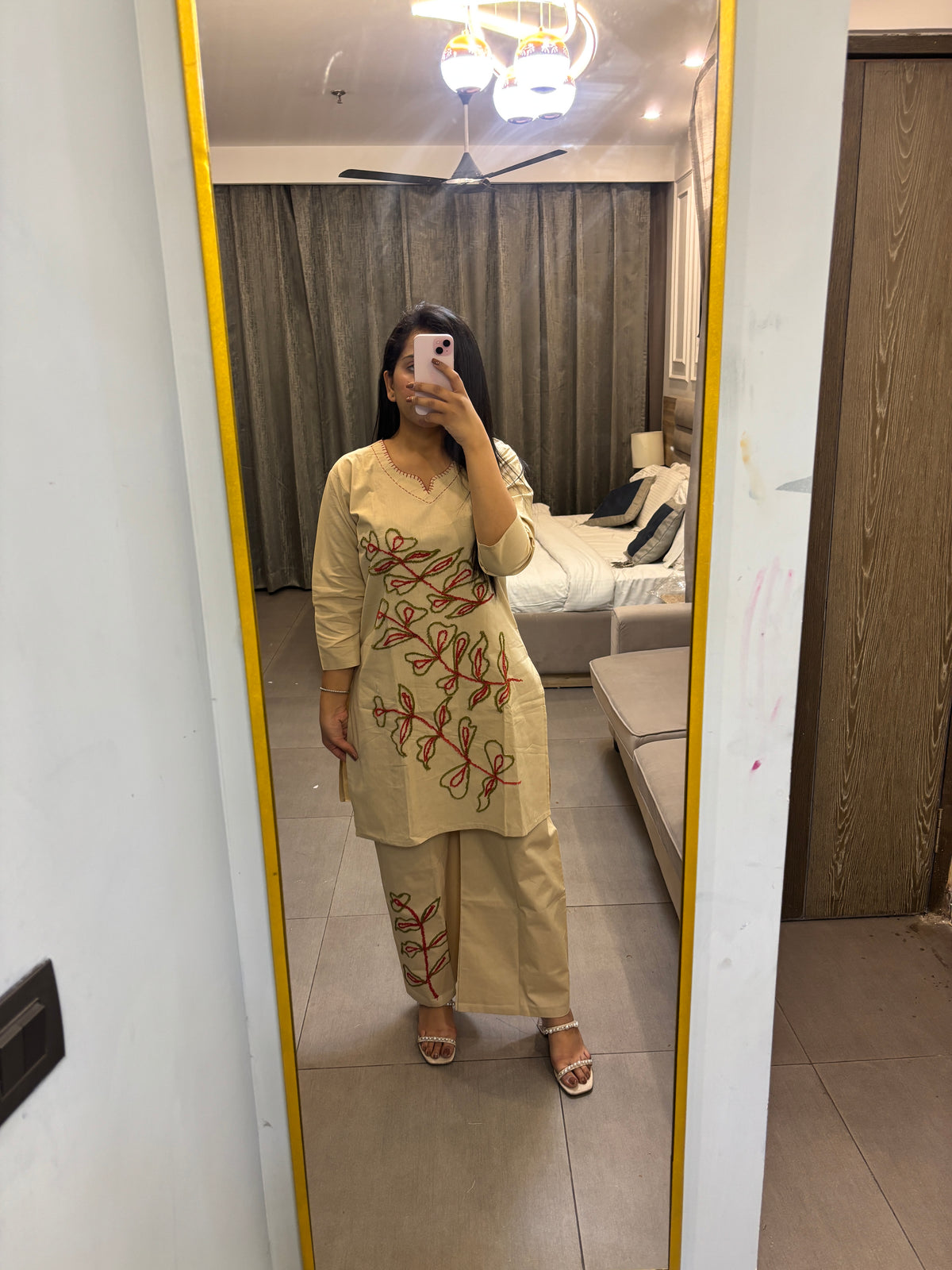 Beige Floral Embroidered Cotton Co-Ord Set