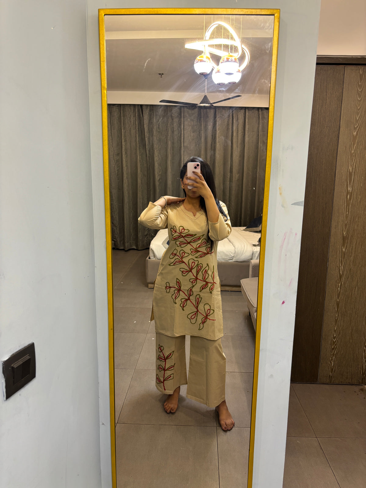 Beige Floral Embroidered Cotton Co-Ord Set