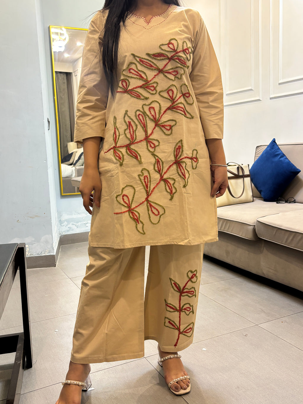 Beige Floral Embroidered Cotton Co-Ord Set