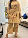 Beige Floral Embroidered Cotton Co-Ord Set