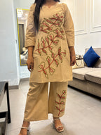 Beige Floral Embroidered Cotton Co-Ord Set