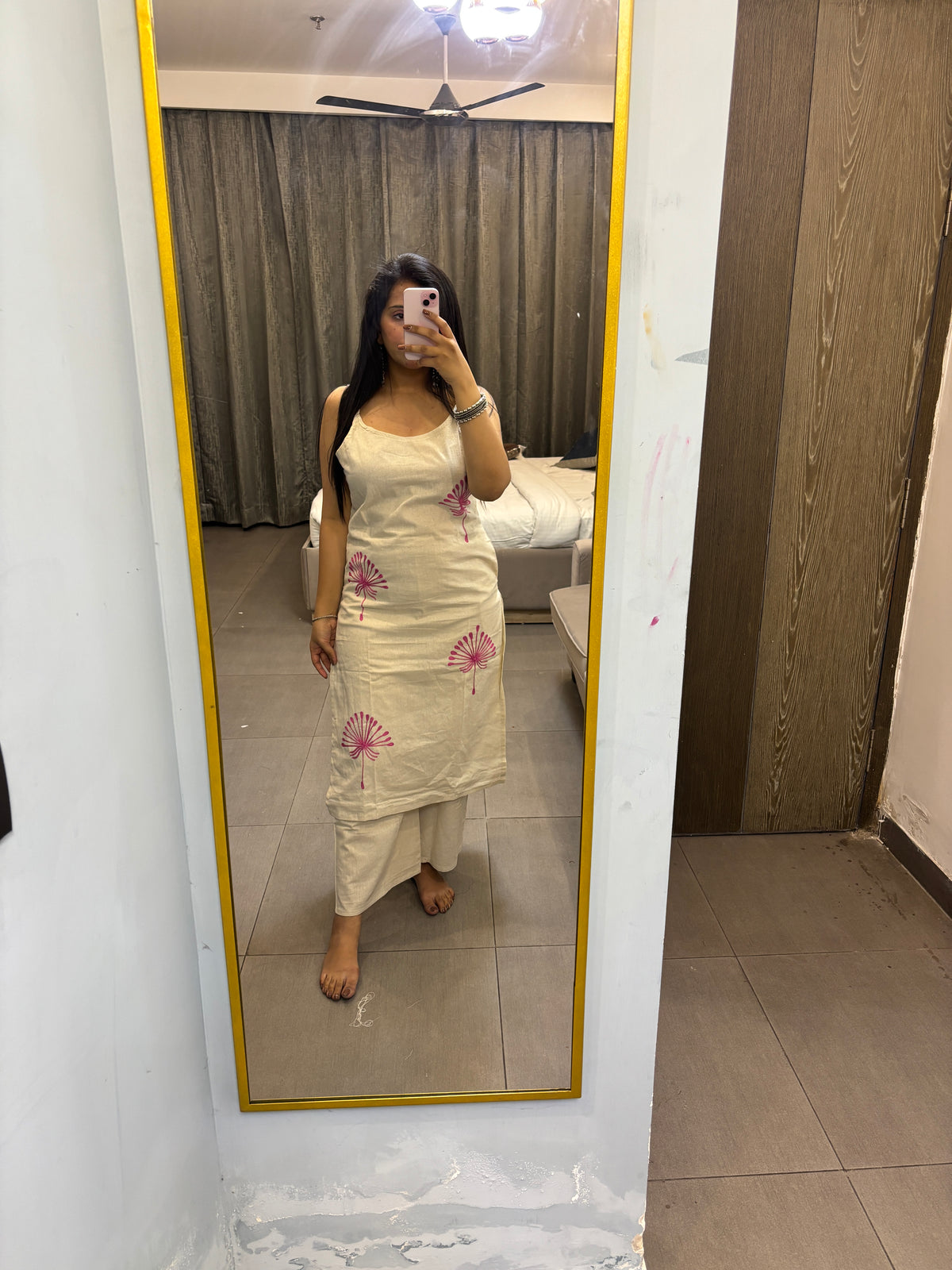 Ivory Pink Floral Embroidered Cotton Co-Ord Set