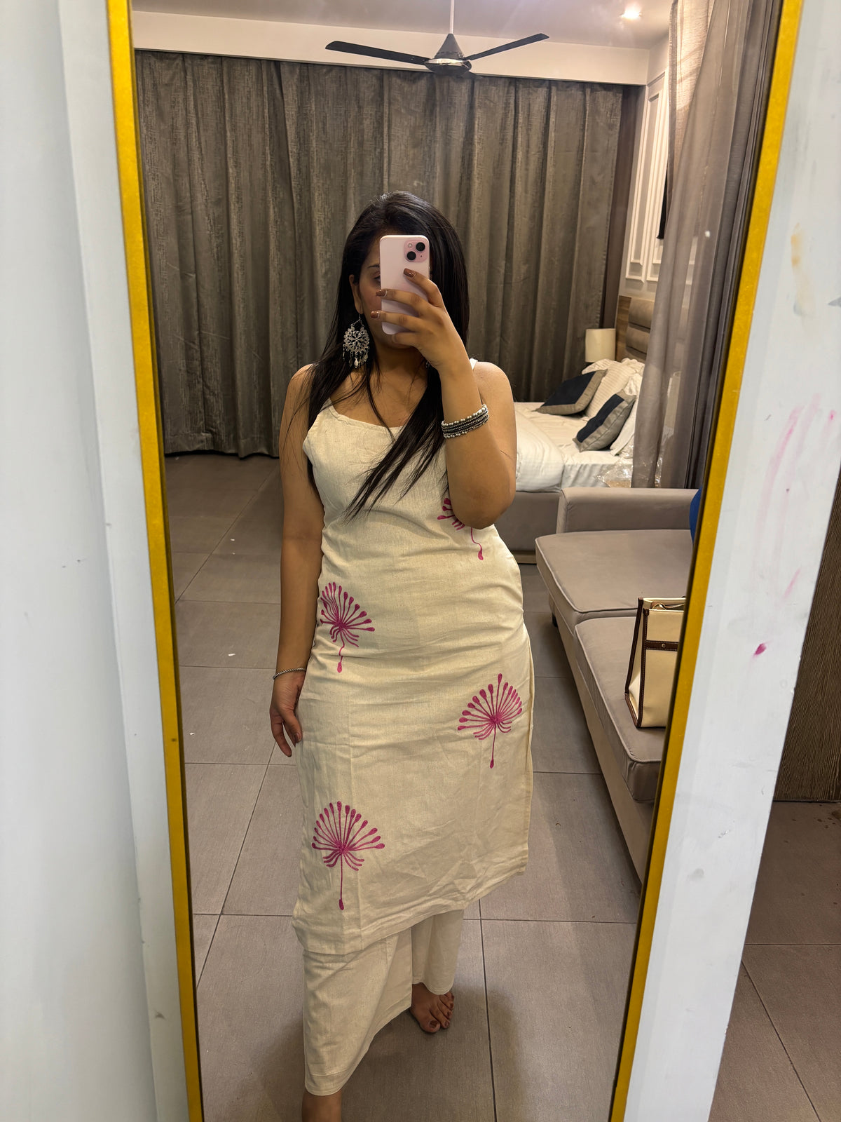 Ivory Pink Floral Embroidered Cotton Co-Ord Set