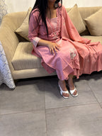 Coral Pink Embroidered Cotton Suit Set with Dupatta