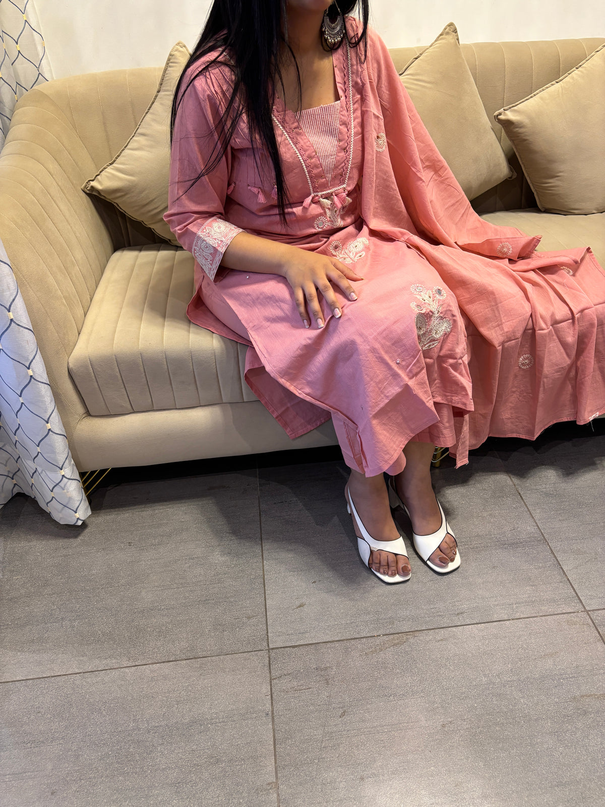 Coral Pink Embroidered Cotton Suit Set with Dupatta