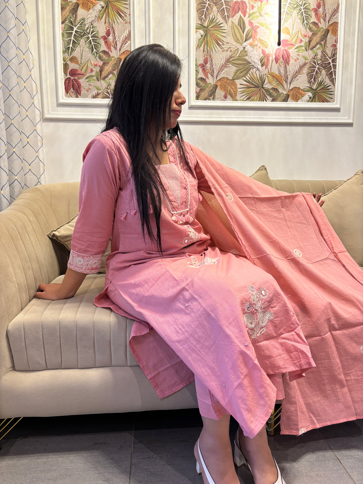 Coral Pink Embroidered Cotton Suit Set with Dupatta