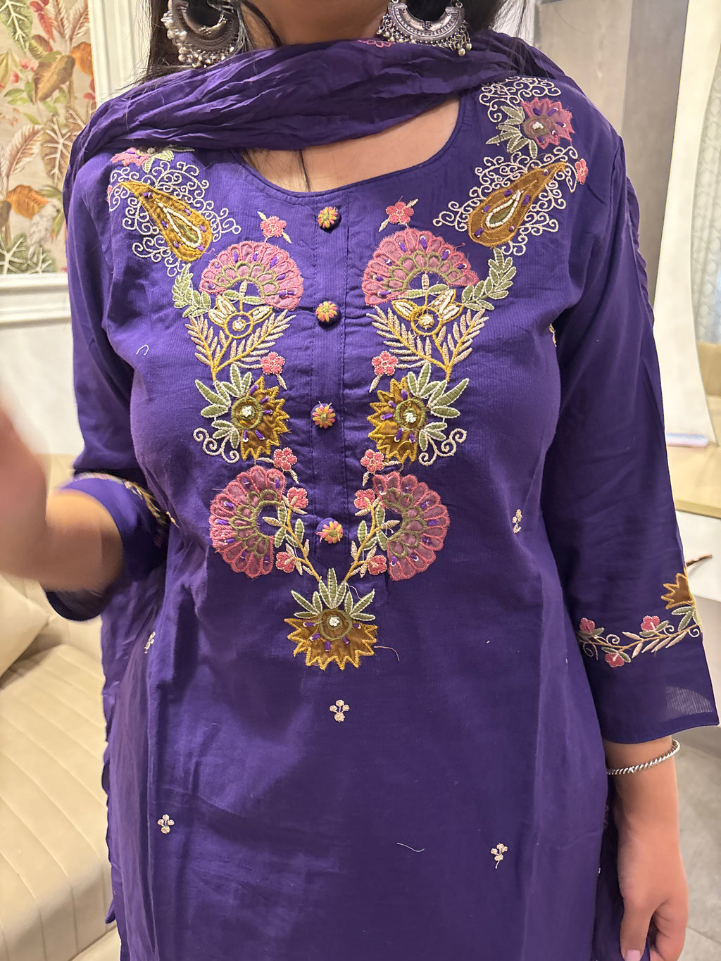 Purple Embroidered Cotton Suit Set for Women