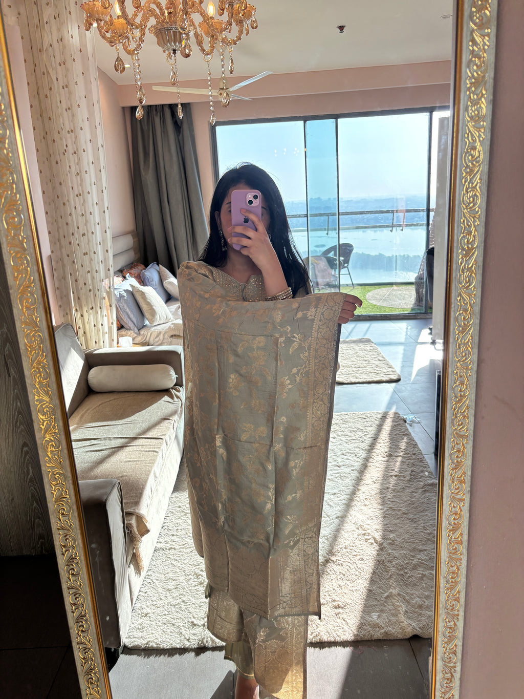 Sage Gold Floral Embroidered Festive Suit Set