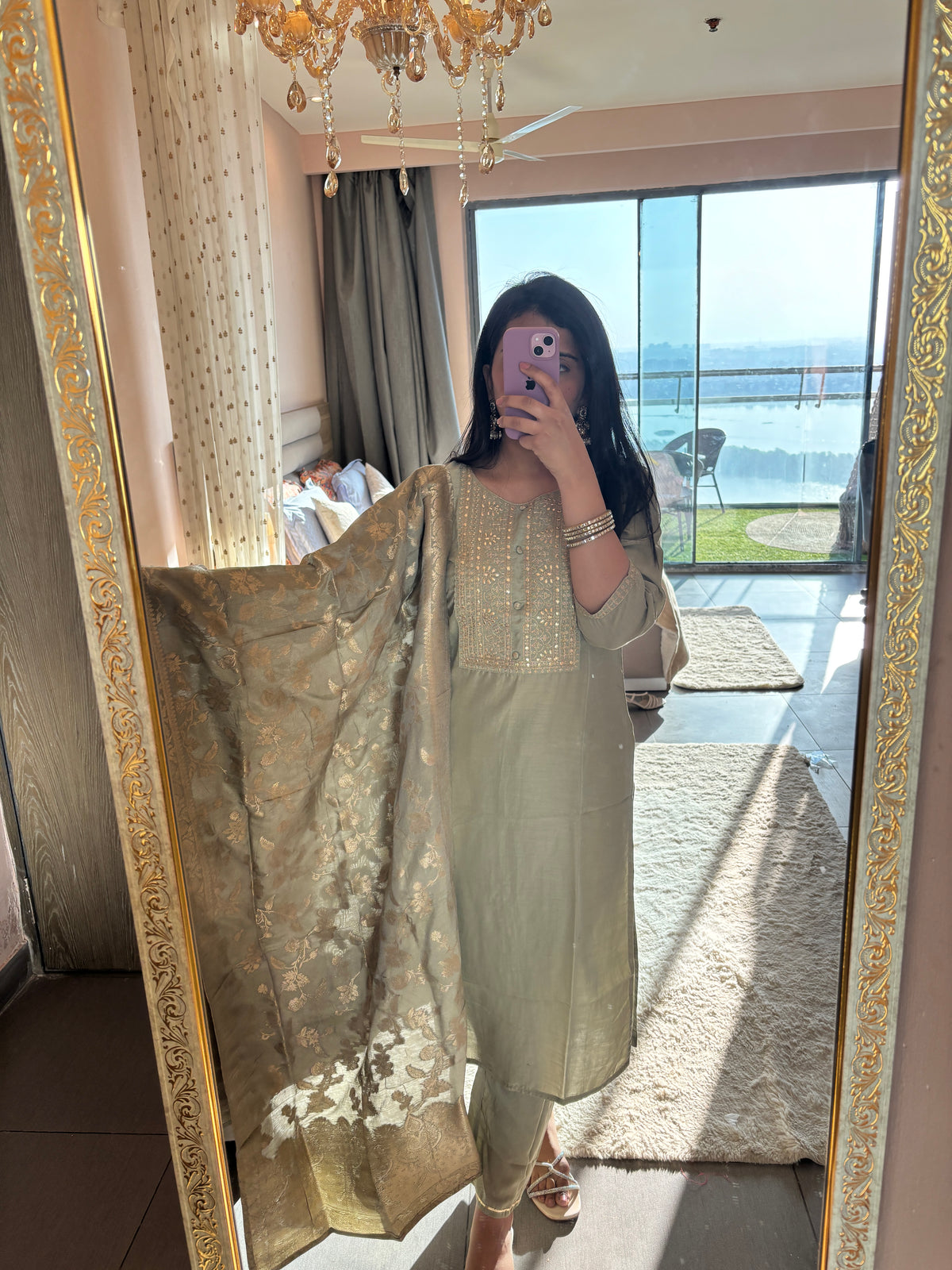 Sage Gold Floral Embroidered Festive Suit Set