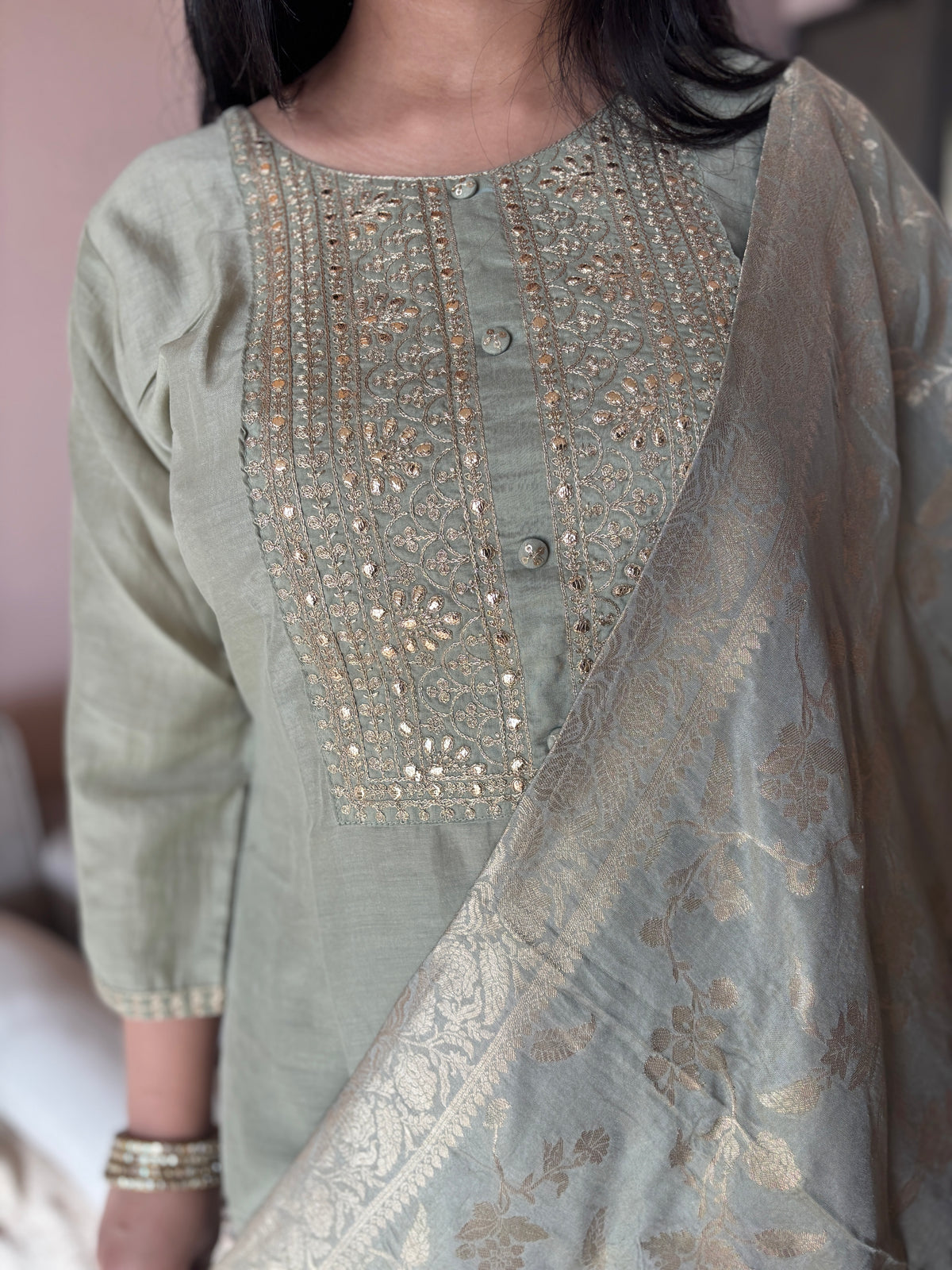 Sage Gold Floral Embroidered Festive Suit Set