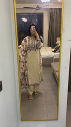 Beige Khadi Suit with Purple Embroidery